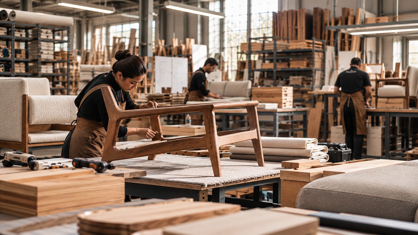Taller de mobiliario: una artesana ajusta la estructura de madera de un sillón sobre la mesa de trabajo, entre tableros, rollos de tela y piezas tapizadas, con otros carpinteros al fondo.