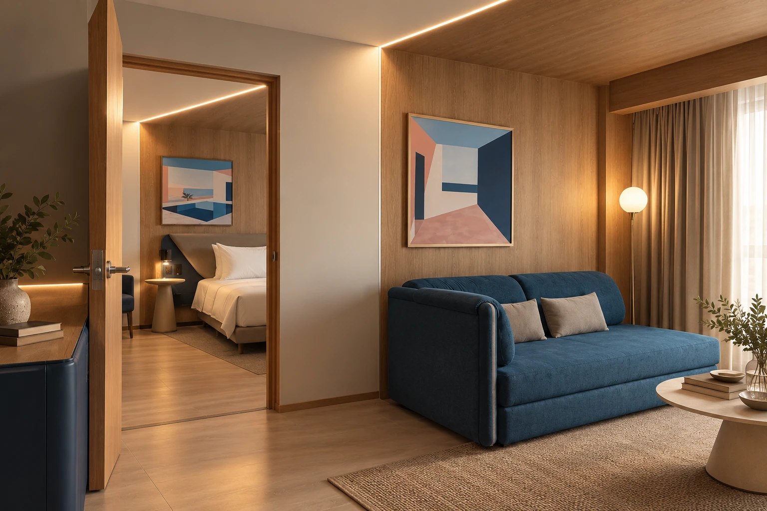 Sala de una suite de hotel con sofá cama tapizado en azul, lambrín de madera, luz indirecta y acceso a la recámara, con el mobiliario ya instalado.